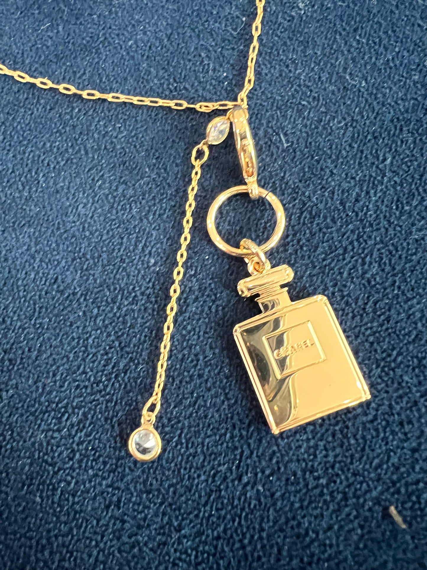 Upcycled Chanel perfume charm lariat necklace