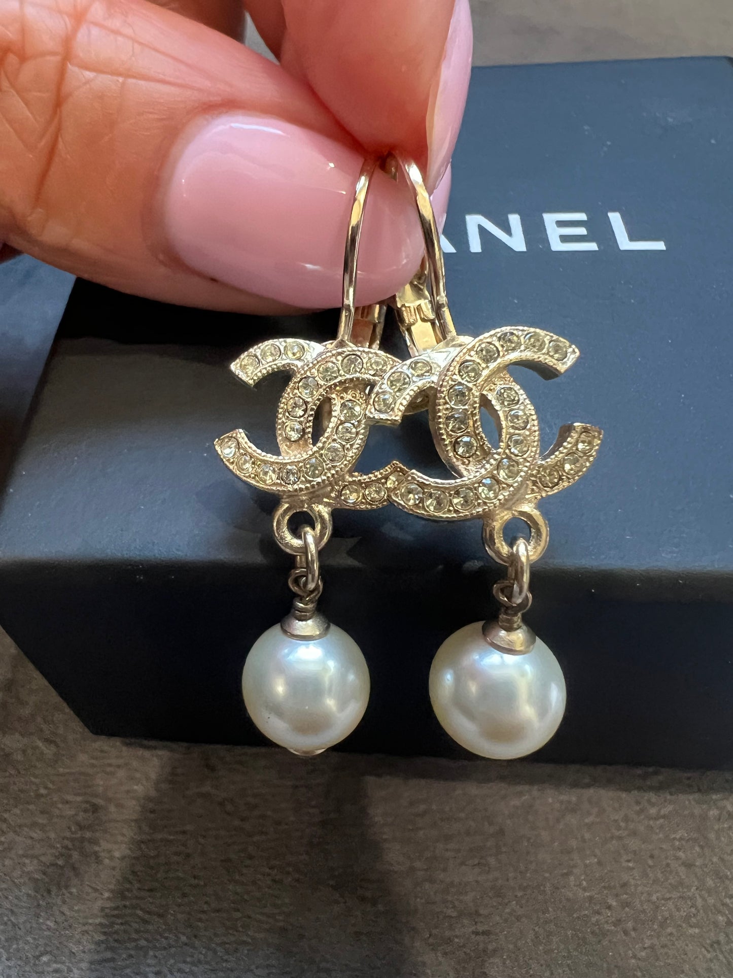 CHANEL Crystal Pearl CC Drop Earrings