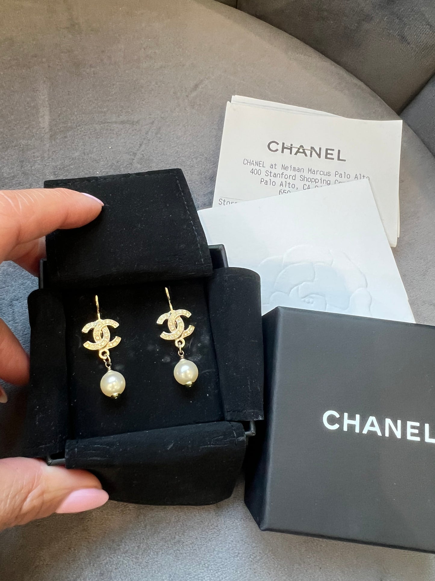 CHANEL Crystal Pearl CC Drop Earrings