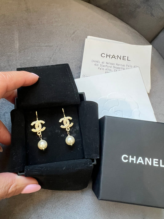 CHANEL Crystal Pearl CC Drop Earrings