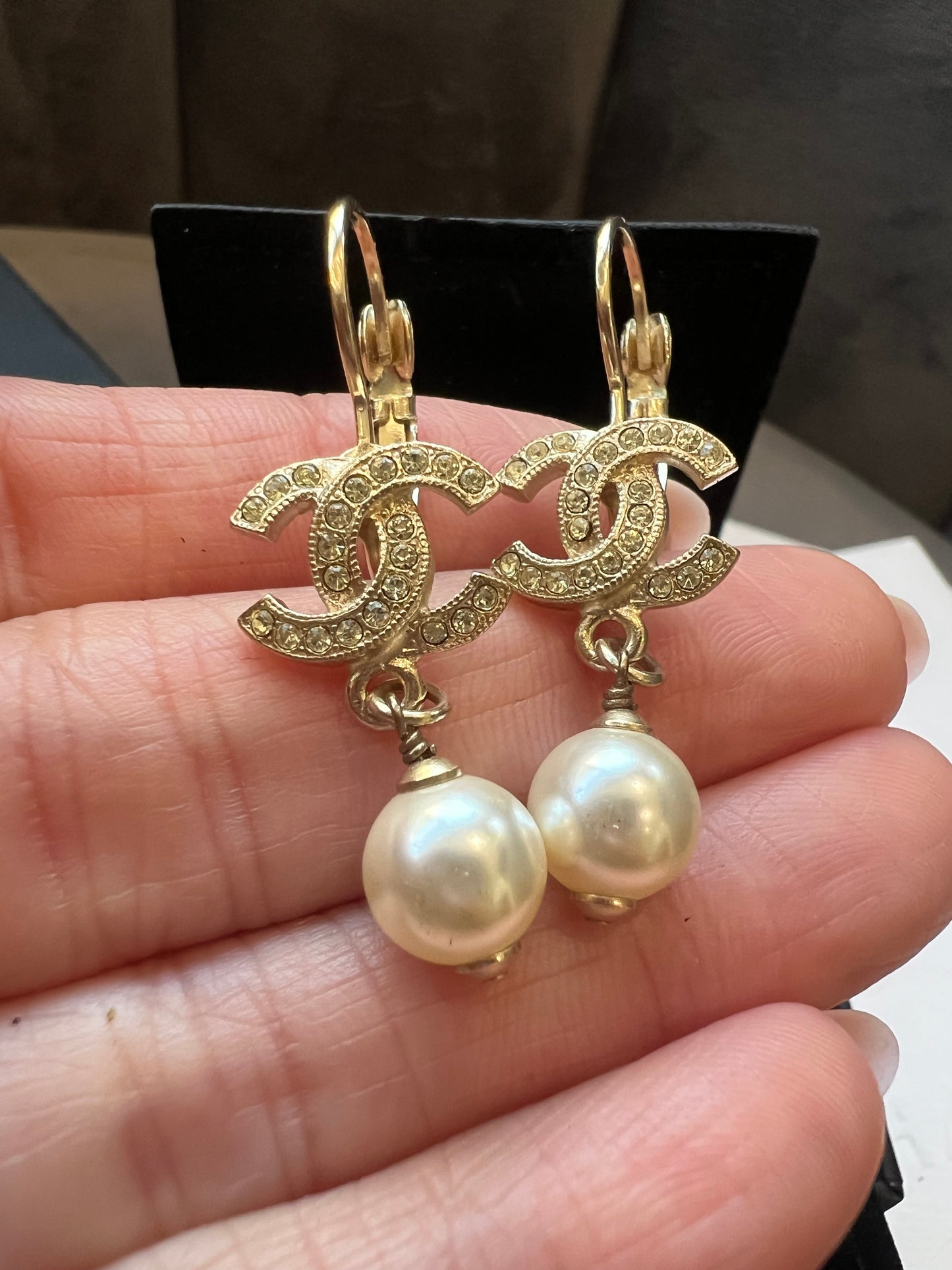 CHANEL Crystal Pearl CC Drop Earrings