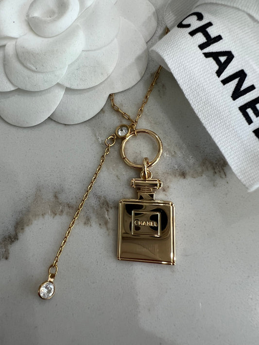 Upcycled Chanel perfume charm lariat necklace