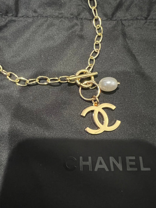 Upcycled Chanel CC charm necklace - Toggle with pearl