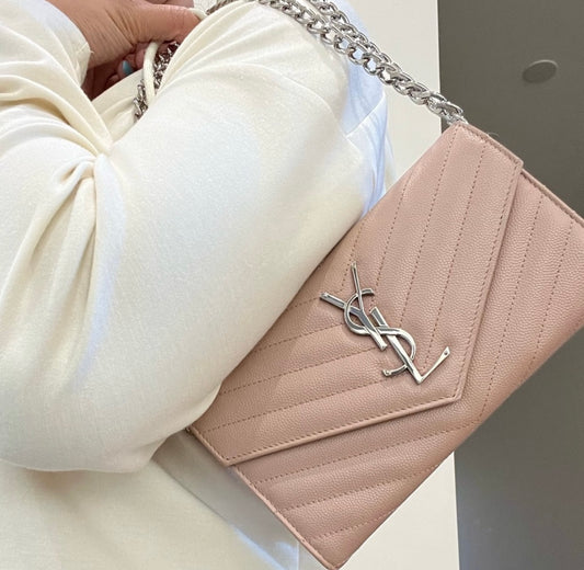Pink YSL cassandre wallet on chain