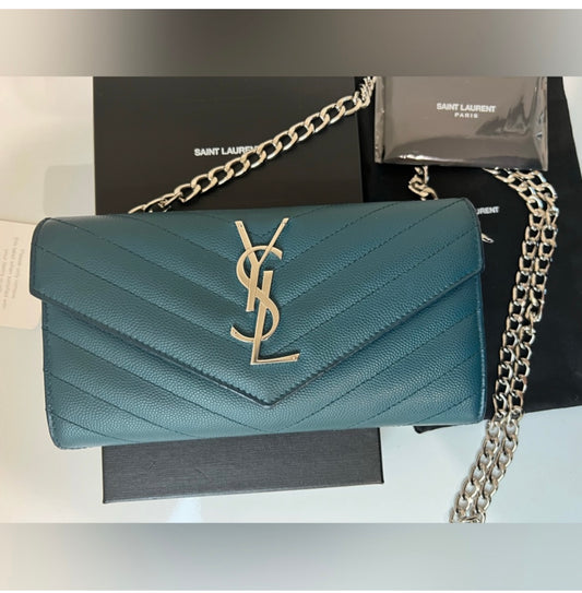 Turquoise YSL cassandre wallet on chain