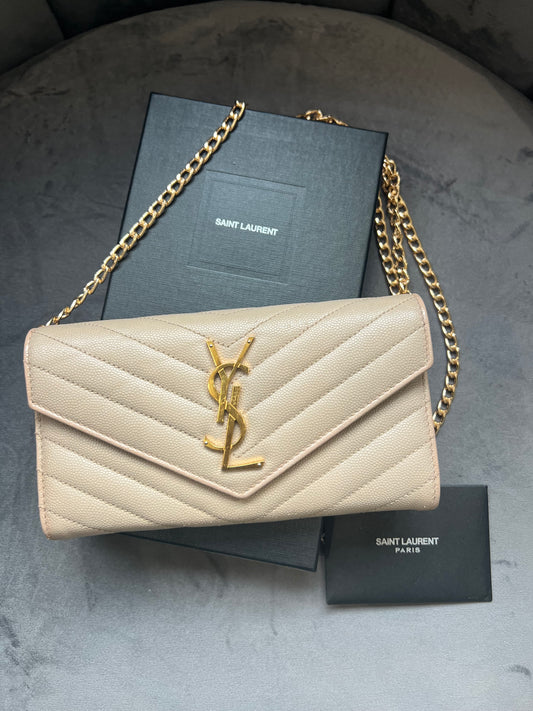 Beige YSL cassandre wallet on chain