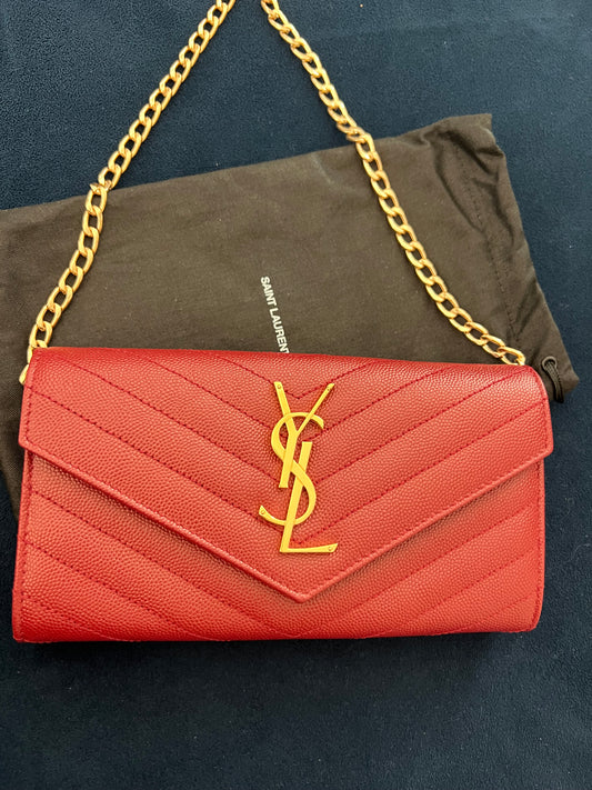 Saint Laurent Cassandre envelope flap red wallet on chain