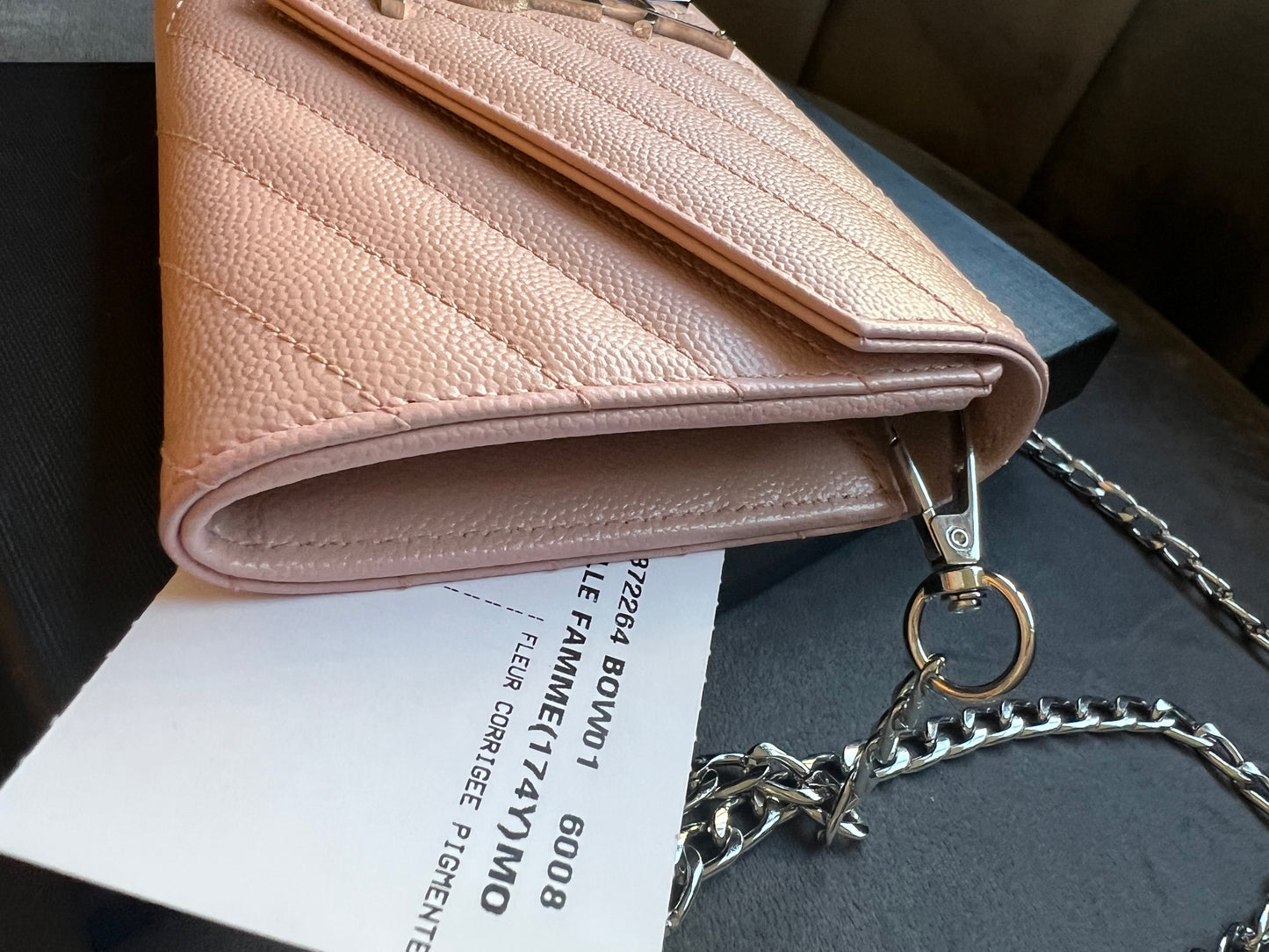 Pink YSL cassandre wallet on chain