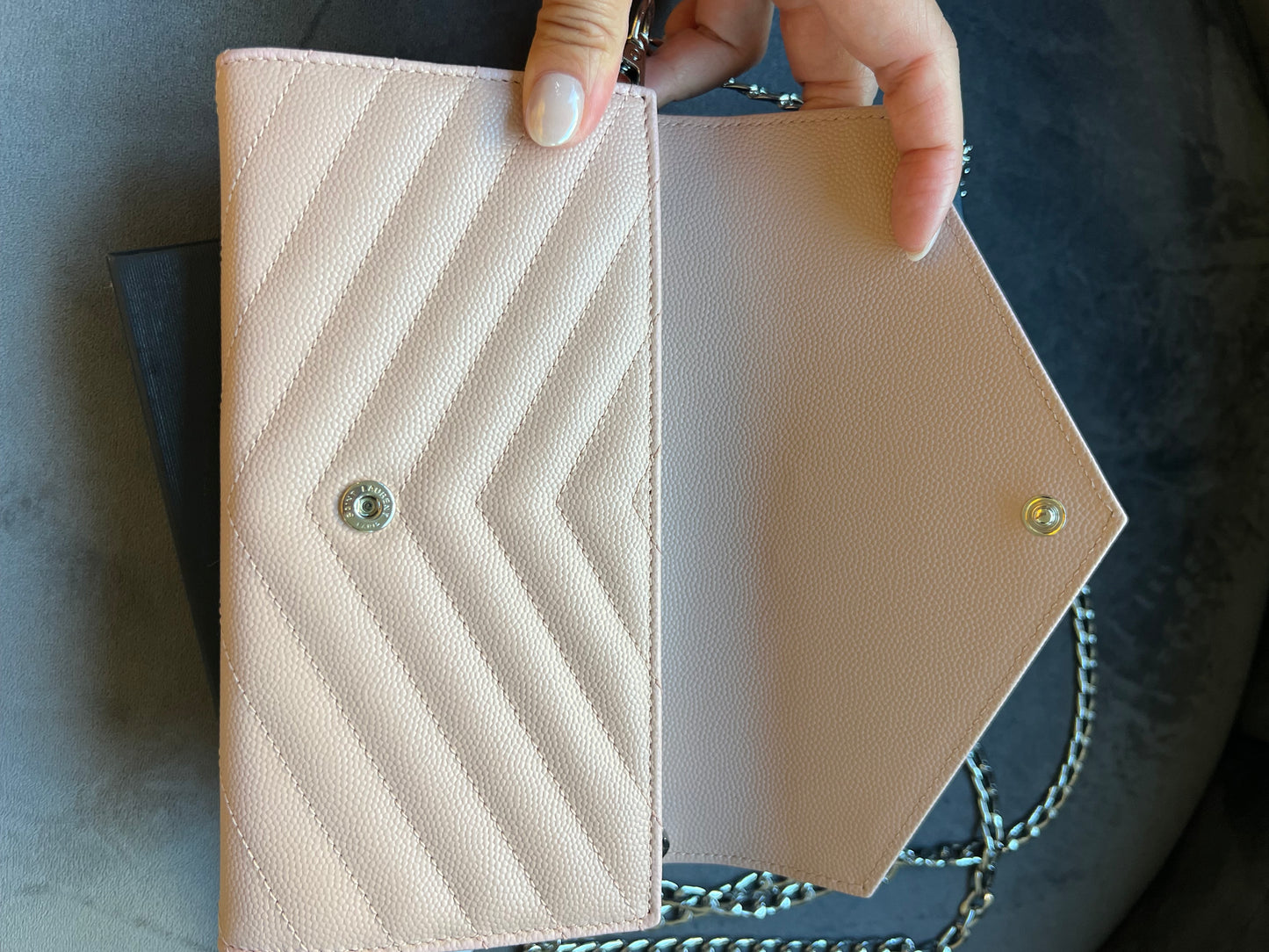 Pink YSL cassandre wallet on chain