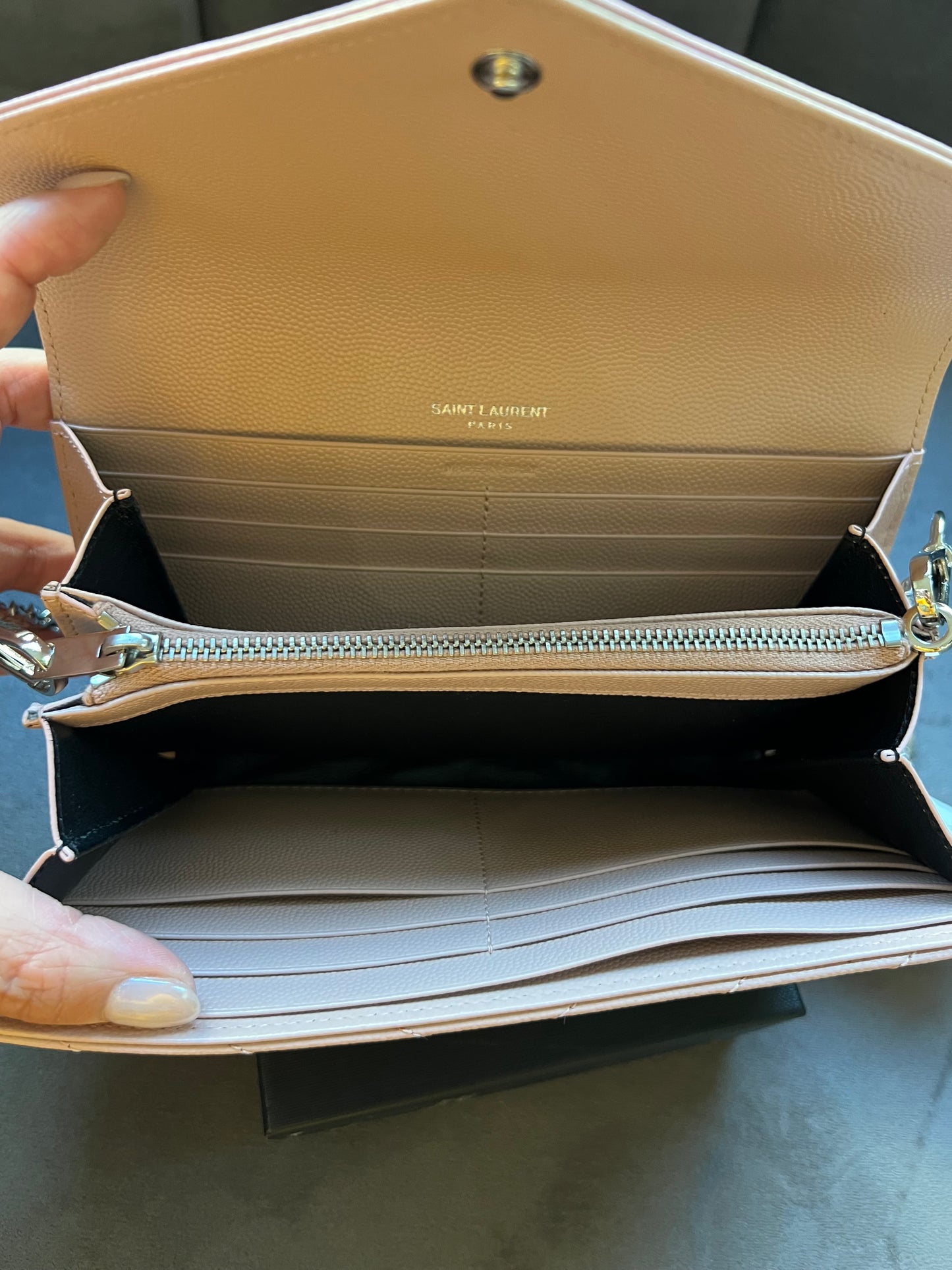 Pink YSL cassandre wallet on chain