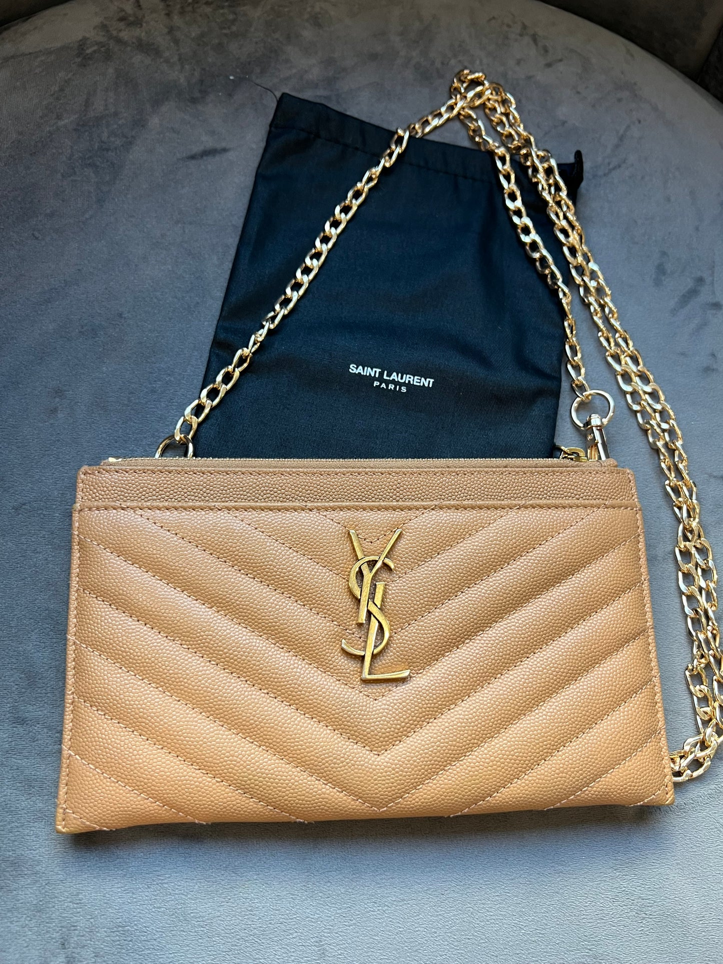 Yves Saint Laurent Tan Monogram Quilted Clutch & Crossbody