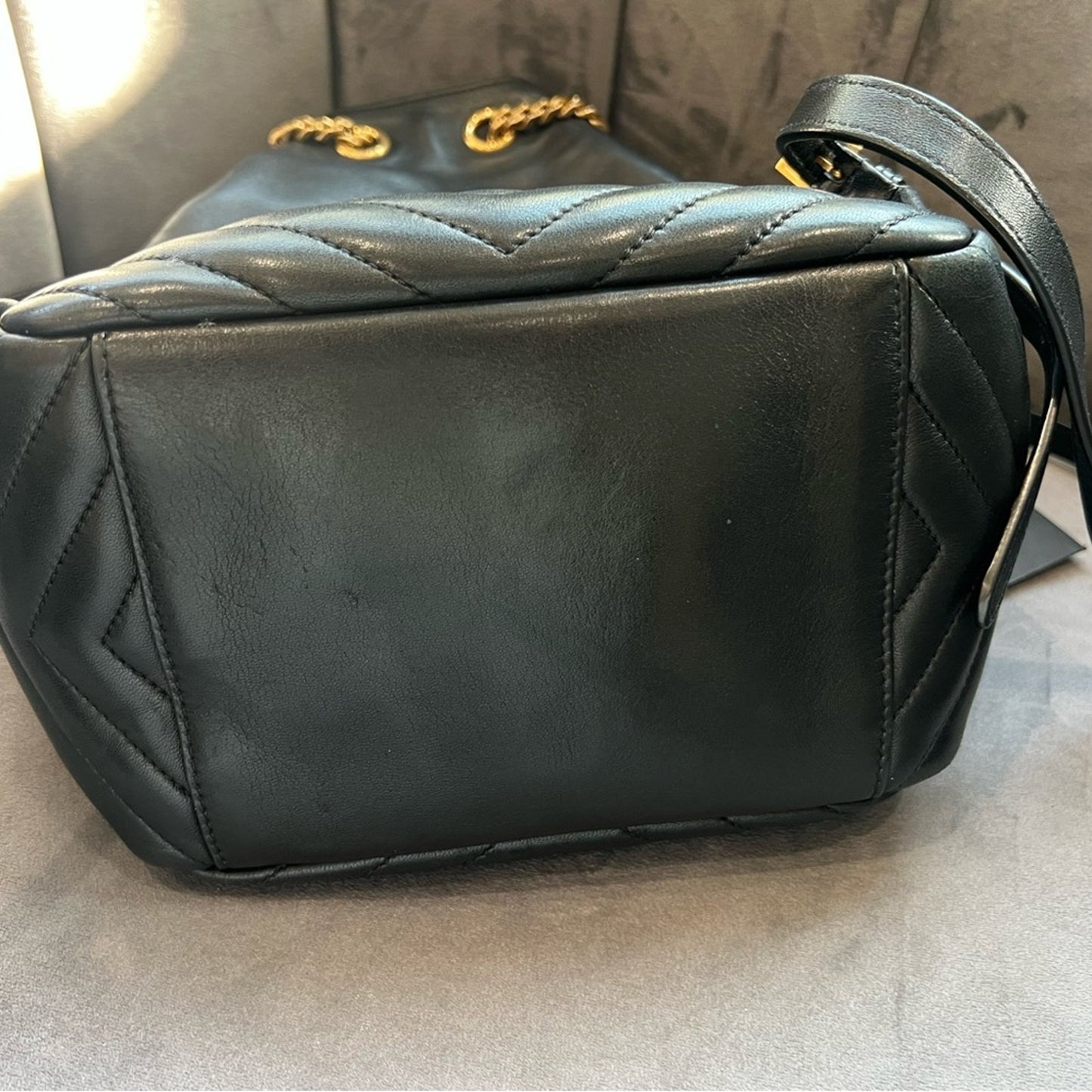 Yves Saint Laurent Joe Black Leather Backpack with Gold Chain