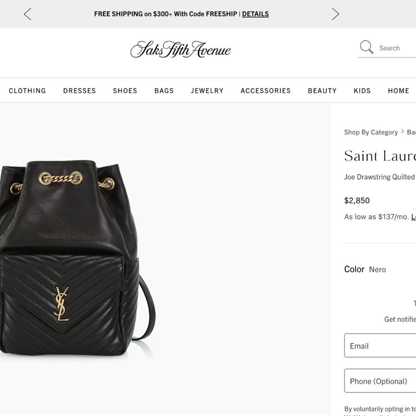 Yves Saint Laurent Joe Black Leather Backpack with Gold Chain