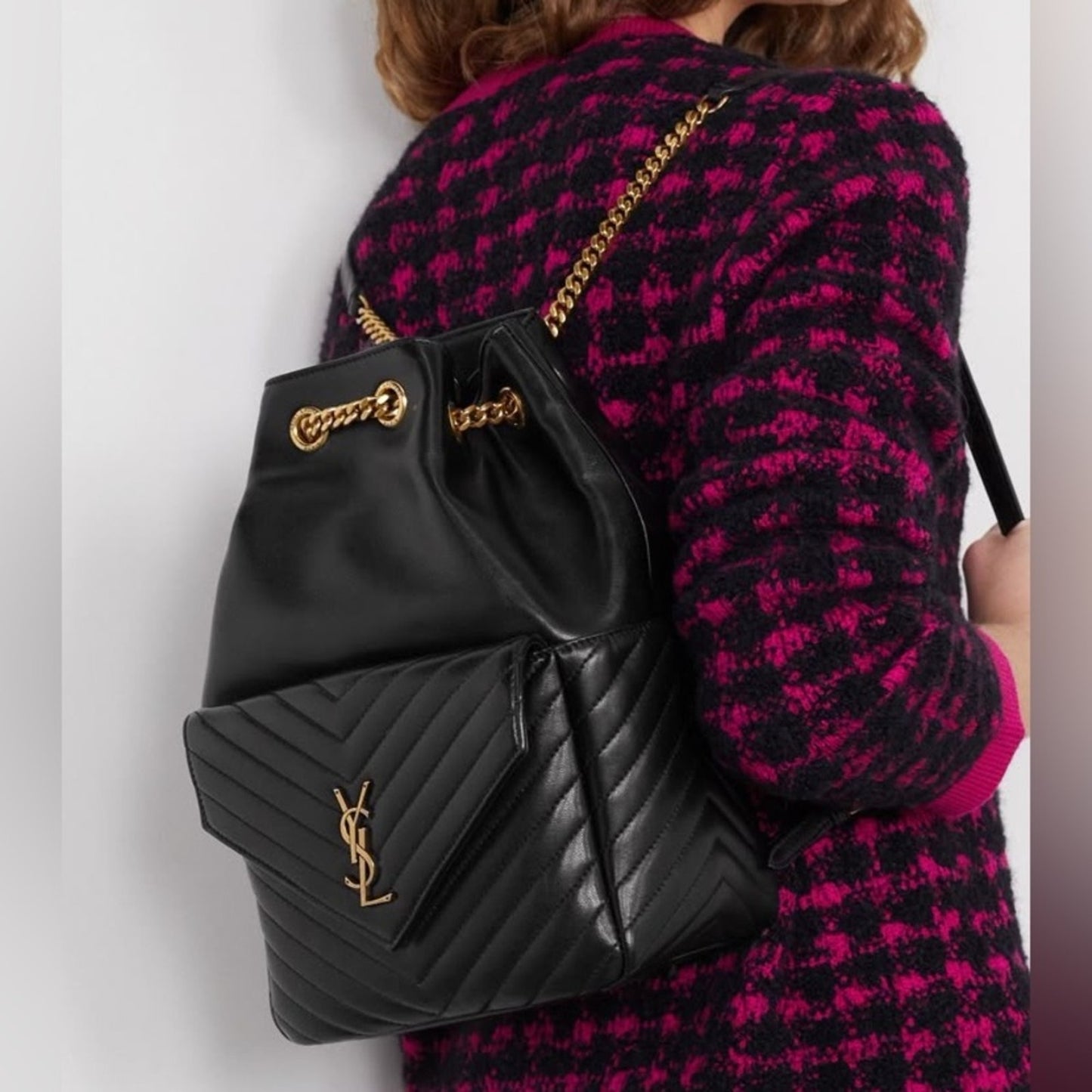 Yves Saint Laurent Joe Black Leather Backpack with Gold Chain