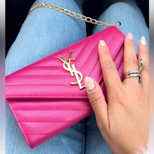 Pink YSL cassandre wallet on chain