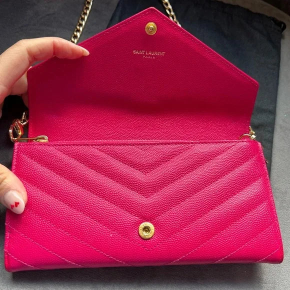 Pink YSL cassandre wallet on chain